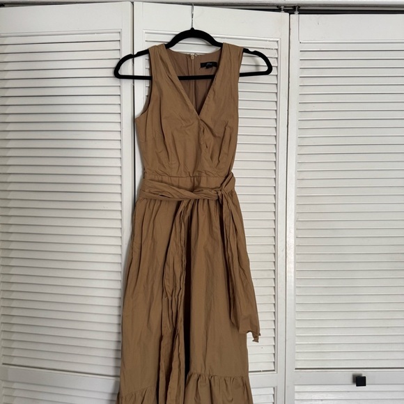 J.Crew midi dress brown camel Faux Wrap Cotton Poplin Dress belted Size 0 - Picture 10 of 12